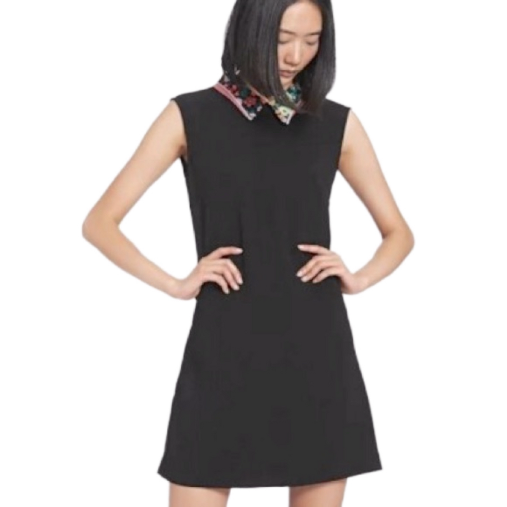 Ottod’Ame Black Shift Dress Floral Collar Sleeveless Italian Designer Sz 40 US 4